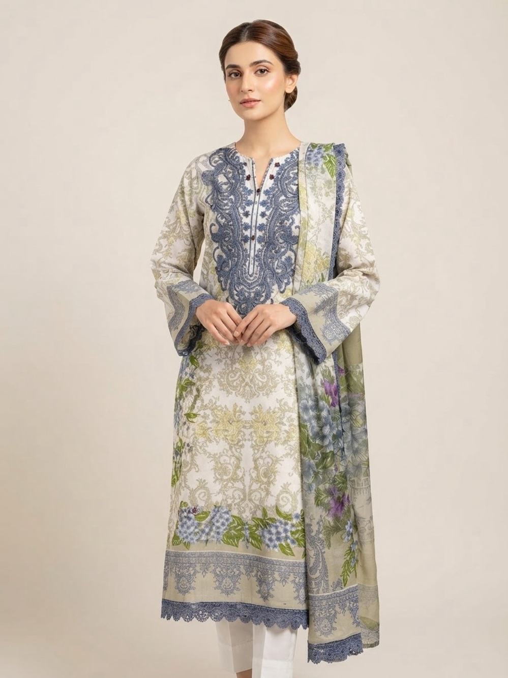 Floral Lace-Detail White & Blue Women’s Lawn Dress